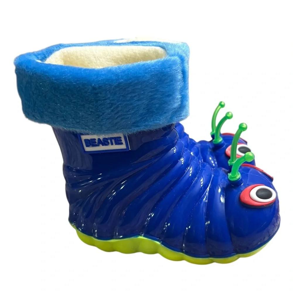 BEASTIE Little Kids Blue/Green Caterpillar Fleece Lined Rain/Snow Boots